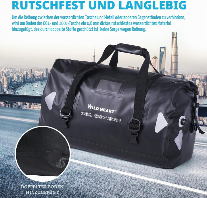 WILD HEART wasserdichte Reisetasche PVC500D Doppelboden mit Seil und Innentasche 40L 66L 100L Für Ka