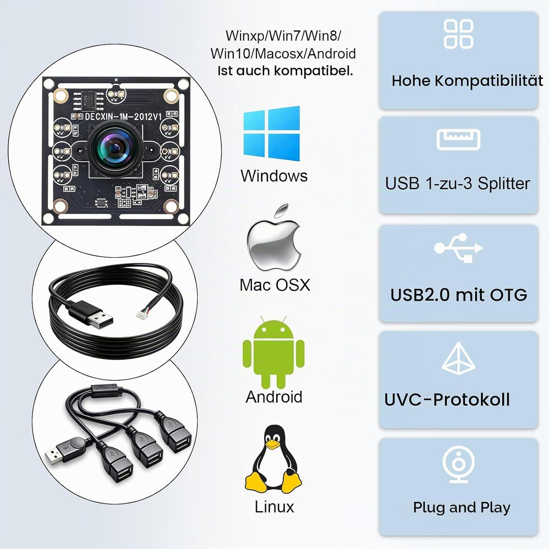 OV9732 Kameramodul 100°3er-Set mit USB 1-zu-3 Splitter,3m Kabel,1280x720 HD,30fps,Weitwinkel hohe Bi