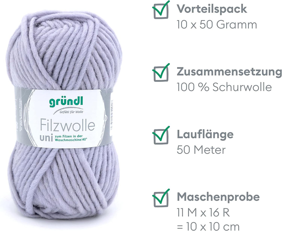 Gründl Filzwolle uni (Wolle zum Filzen, Stricken und Häkeln, Garn aus 100 % Schurwolle, 50 g / 50 m,