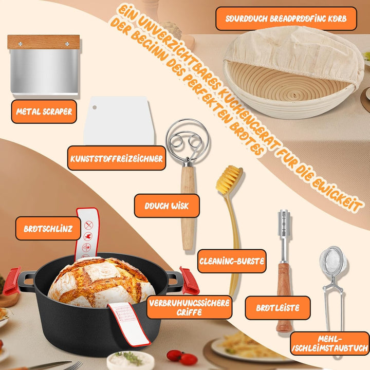 NZQXJXZ Gusseisen Topf Dutch Oven für Brotbacken, 26cm Brotbackform mit Banneton Brot Gärkorb Sauert