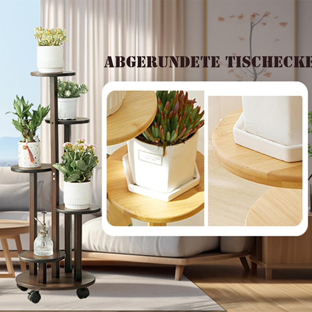 Blumenständer Bambus mit Rollen, 5 Etagen Pflanzenständer Blumenregal Balkon,Chassis Ø31.5*Oberes Fa