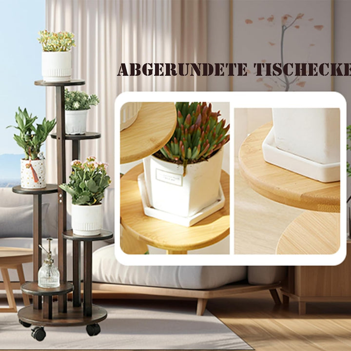 Blumenständer Bambus mit Rollen, 5 Etagen Pflanzenständer Blumenregal Balkon,Chassis Ø31.5*Oberes Fa