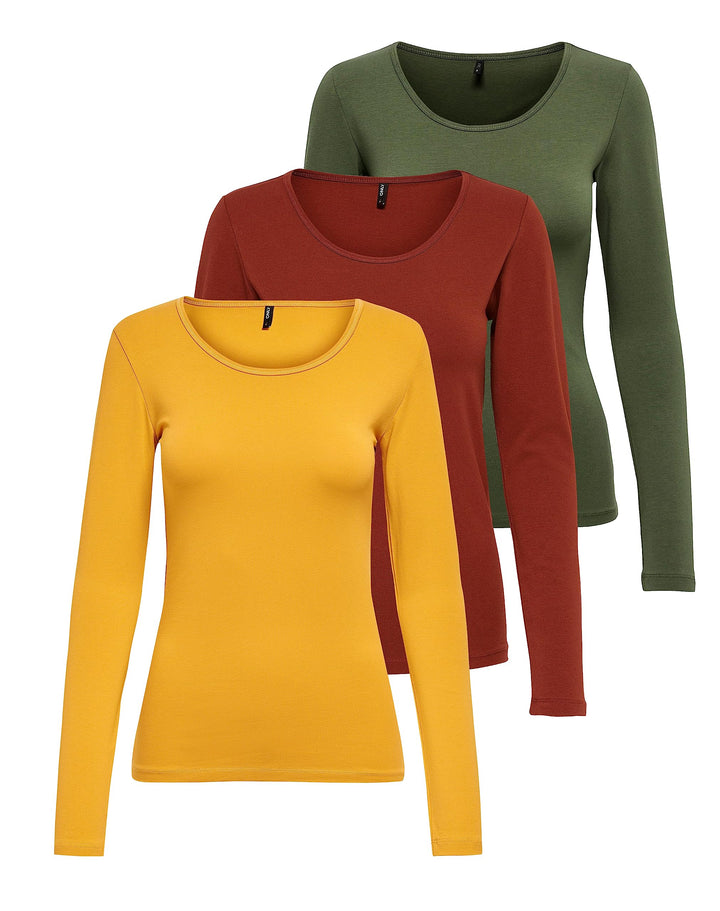 ONLY Damen Longsleeve Onllive Love Life Basic Damen-Shirt XL 1x Golden Yellow, 1x Burnt Henna, 1x Ka