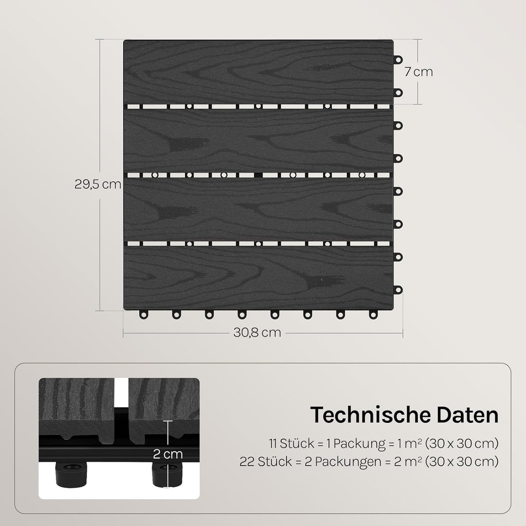 WOLTU WPC Terrassenfliesen Holzoptik Terrassendielen Fliese in Bodenbelag mit klicksystem, für Terra