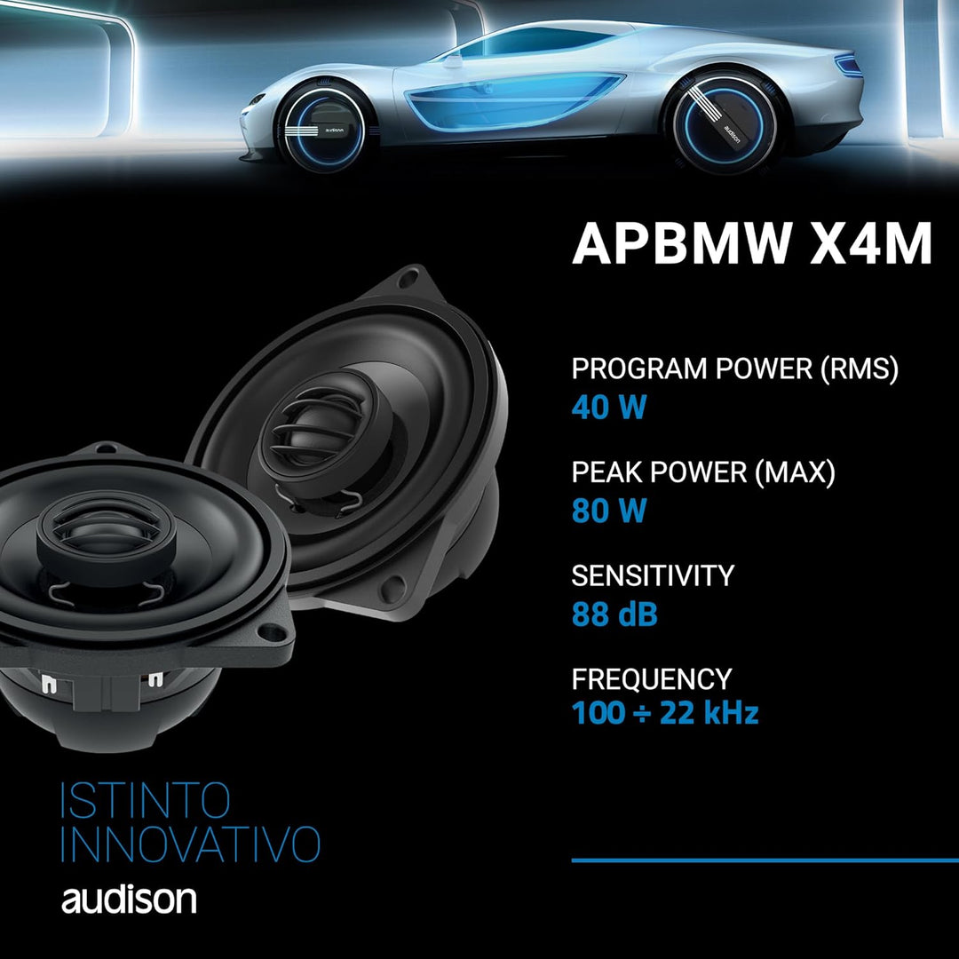 Audison APBMW X4M – 100-mm 2-Wege-Koaxiallautsprecher-Paar für BMW/MINI, 80W Peak, Plug & Play-Monta