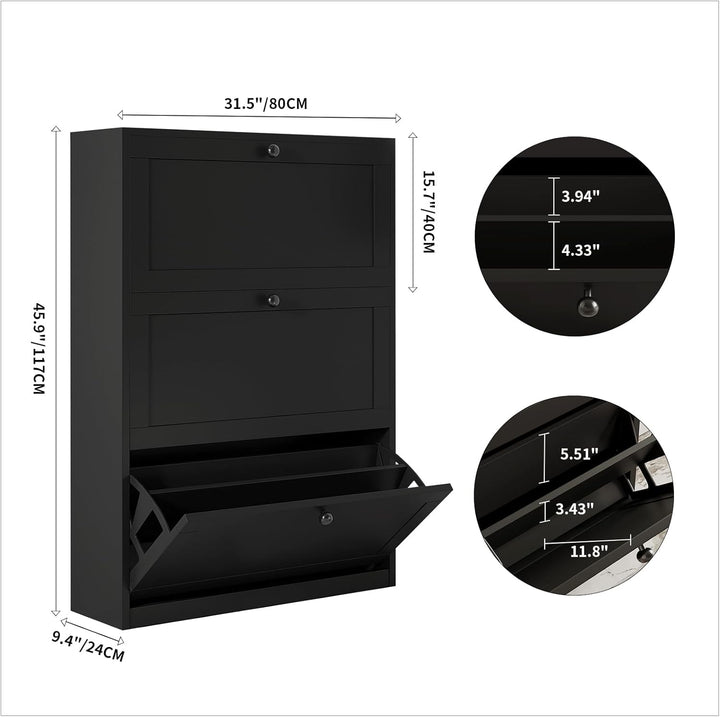 VOWNER Schuhschrank mit 3 Klappen, Schuhregal Schuhkipper Schmal, Schuhschrank Schwarz, mit 6 Fächer