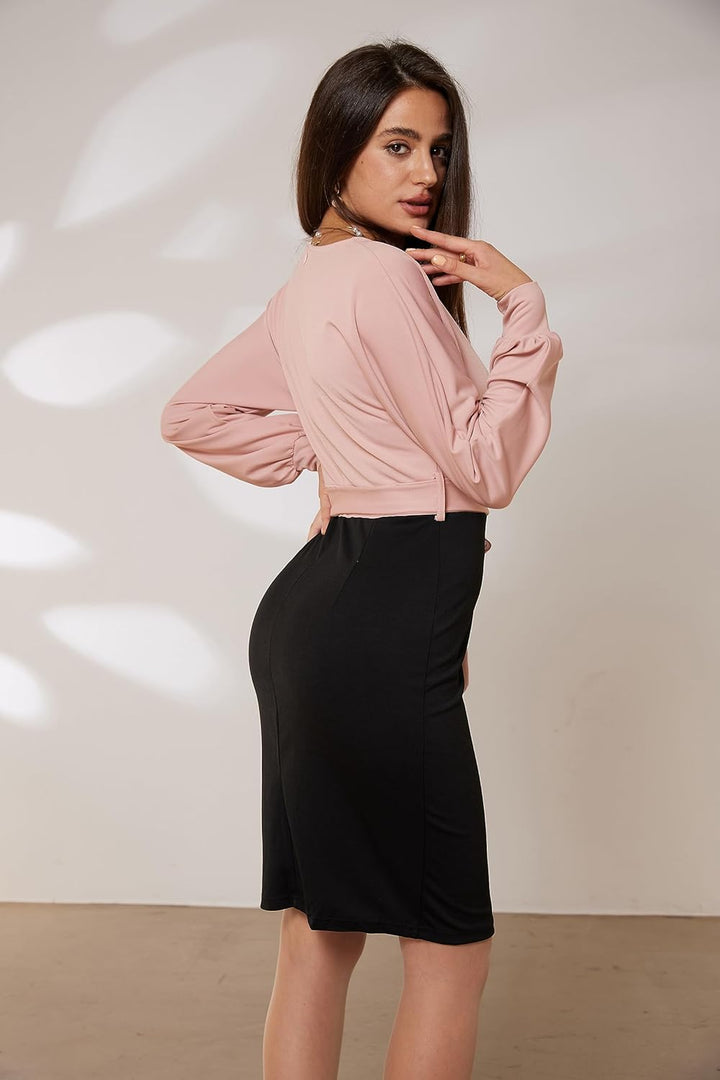 GRACE KARIN Damen Arbeit Bodycon Bleistiftkleid Langarm Hochzeit Gast Büro Kleider V-Ausschnitt Part