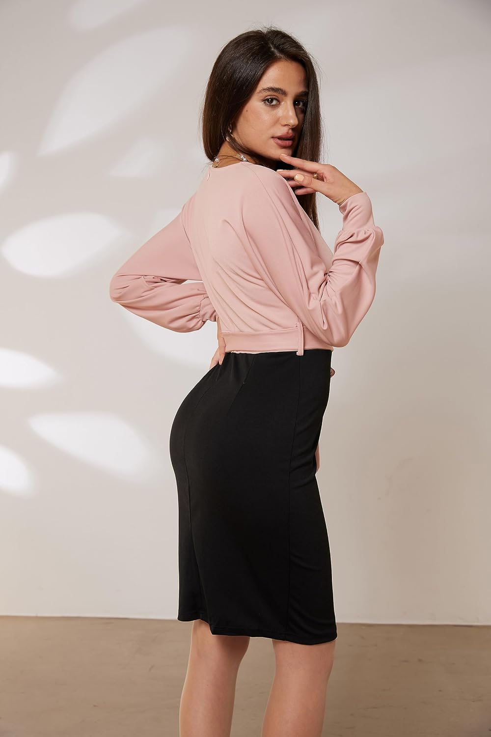 GRACE KARIN Damen Arbeit Bodycon Bleistiftkleid Langarm Hochzeit Gast Büro Kleider V-Ausschnitt Part