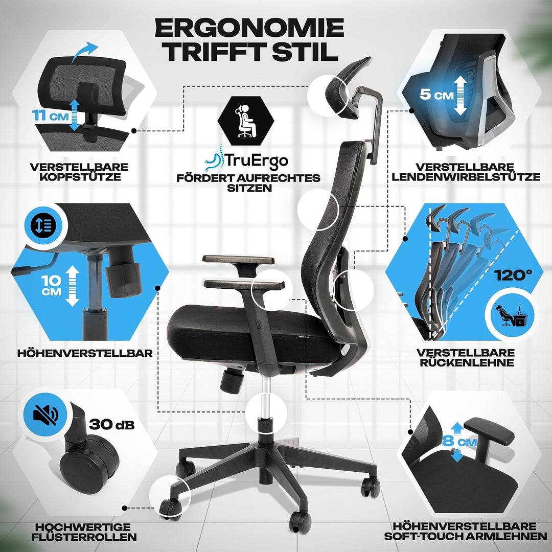VALKENSTOL M3 Ergonomischer Bürostuhl 150 kg – [Höhenverstellbare Lordosenstütze] Schreibtischstuhl