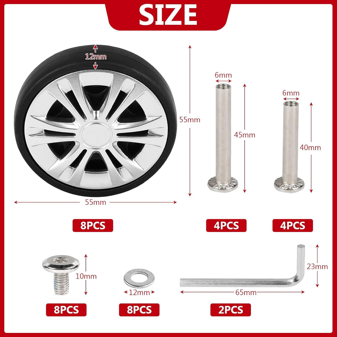 8 pcs Koffer Ersatzrollen 55mm x 12mm, Kofferrollen Ersatzrollen für Gepäck mit Doppelrollen, Koffer