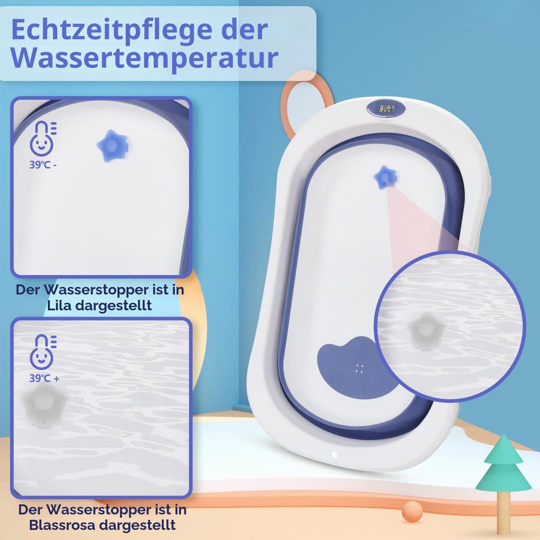 50L Baby Badewanne, Faltbare babywanne mit Anti Stütze, baby wanne mit Echtzeit-Temperaturmessung, B