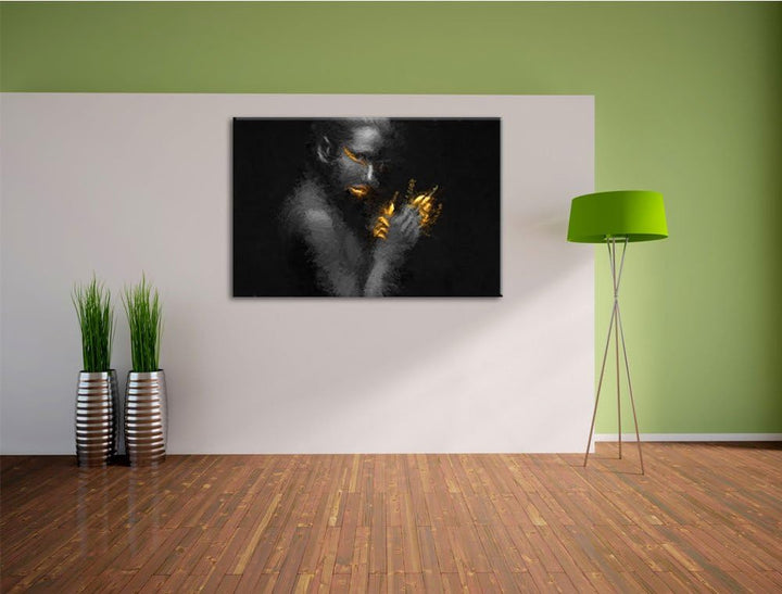 Dark Frau mit goldenen Fingerspitzen und Lippen Deluxe Format: 100x70 cm auf Leinwand, XXL riesige B