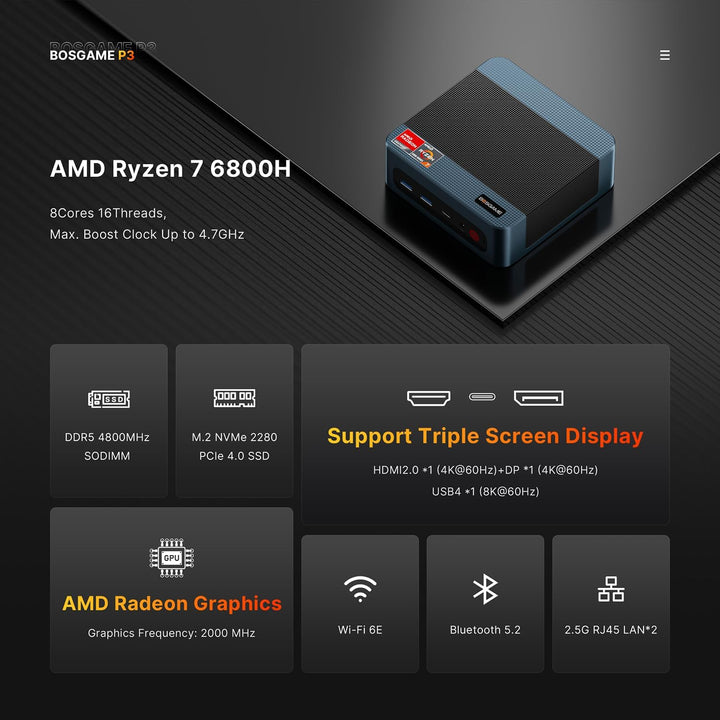 BOSGAME P3 Lite Mini-PC, AMD Ryzen 7 6800H Prozessor bis zu 4.7 GHz, Windows 11 Pro Mini-Computer, 2