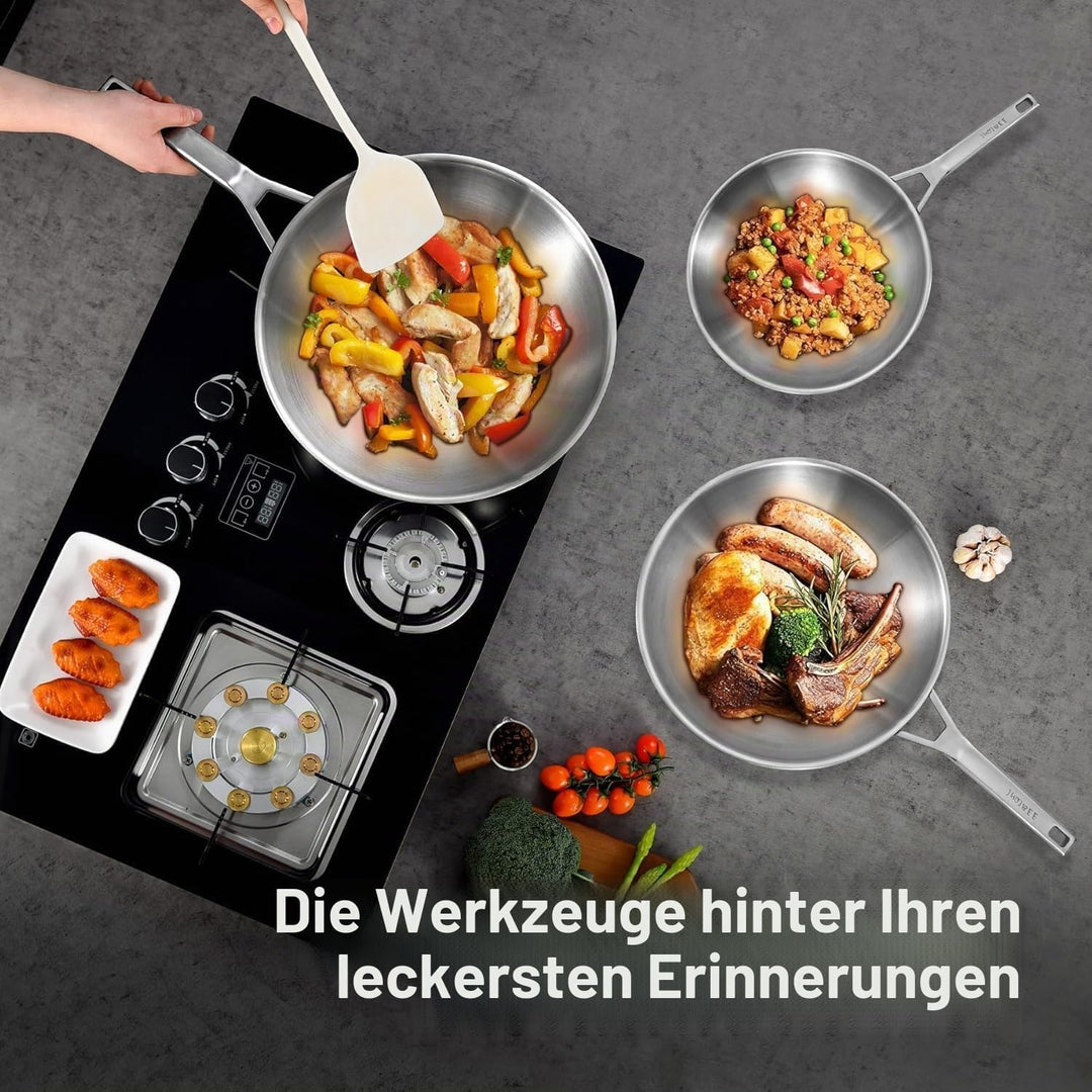 Inqibee Edelstahlpfanne 32cm Bratpfanne mit Deckel, Unbeschichtete Wok Pfanne für Induktion &amp; Gasher