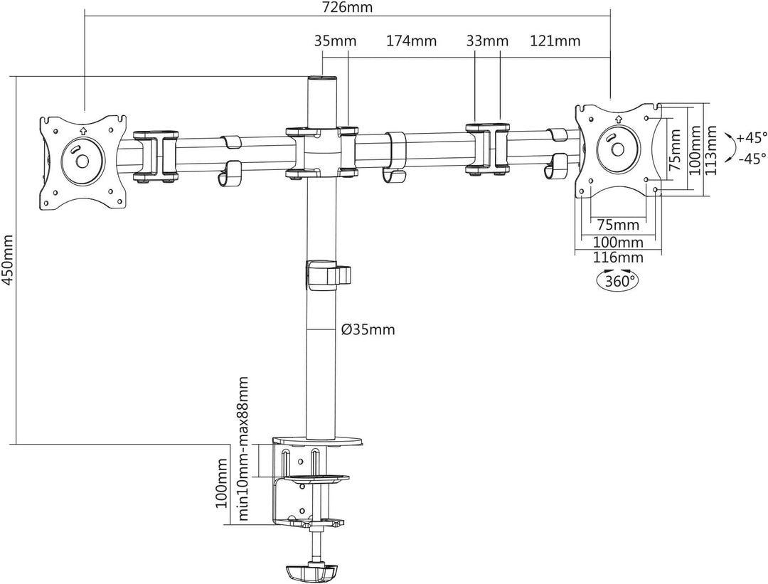 DIGITUS Monitor-Halterung - Tischklemme - 2 Monitore - Bis 27 Zoll - Bis 2x 8 kg - VESA 75x75, 100x1