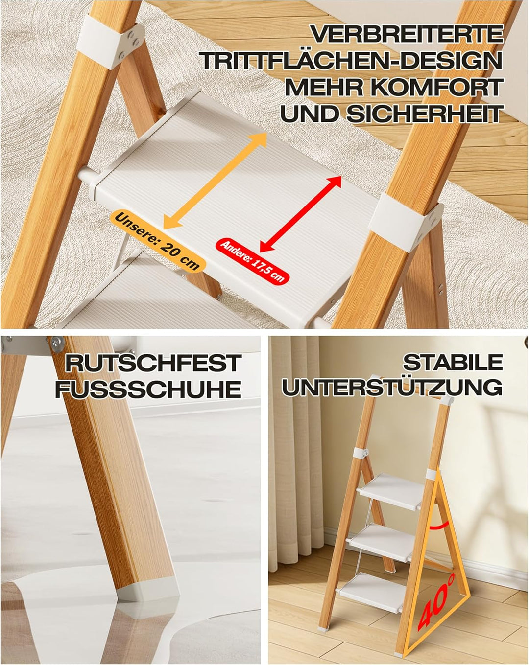 Trittleiter 3 Stufen klappbar,Tritthocker aus Aluminium | Leiter mit Handlauf,150kg Tragfähigkeit,An