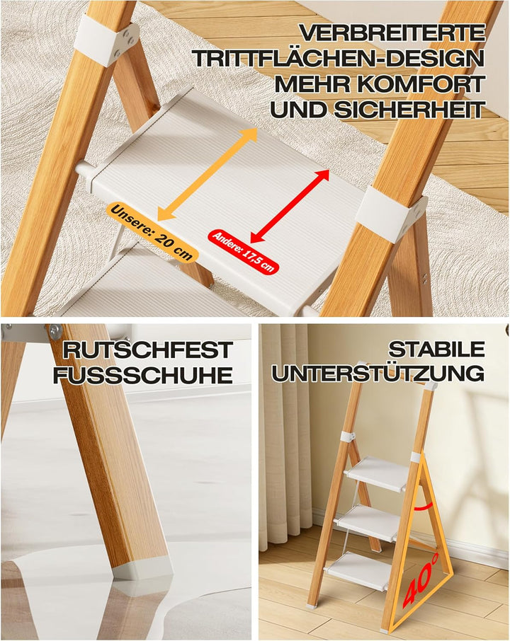 Trittleiter 3 Stufen klappbar,Tritthocker aus Aluminium | Leiter mit Handlauf,150kg Tragfähigkeit,An