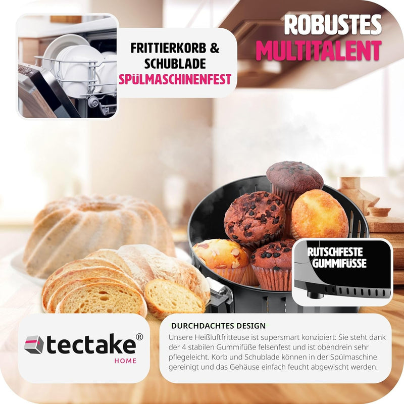 tectake® Heissluftfritteuse, Airfryer, 3,6 l Fassungsvermögen, Touchscreen-Display, 7 Programme, Air