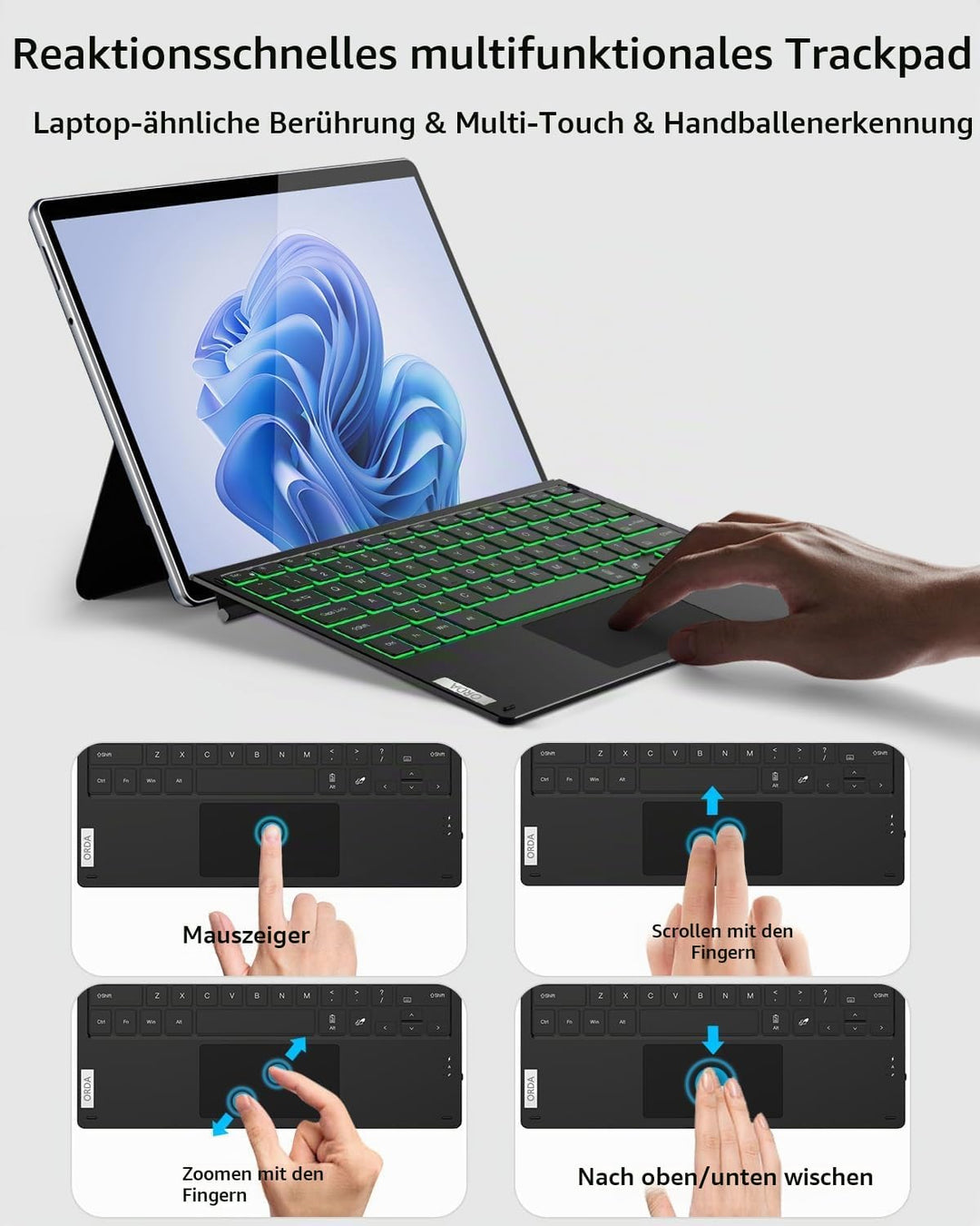 ORDA Surface Pro 7 Tastatur, Kompatibel mit Surface Pro 7+/7/6/5/4 mit Multi-Geste-Trackpad, 12.3 Zo