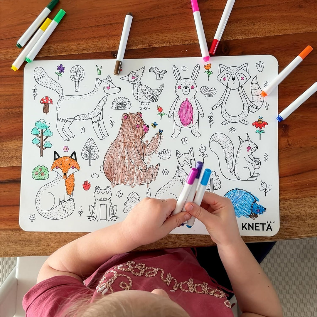 Malmatte für Kinder mit 12 abwaschbaren Stiften I Wiederverwendbare Ausmalmatte mit Waldtier-Motiven