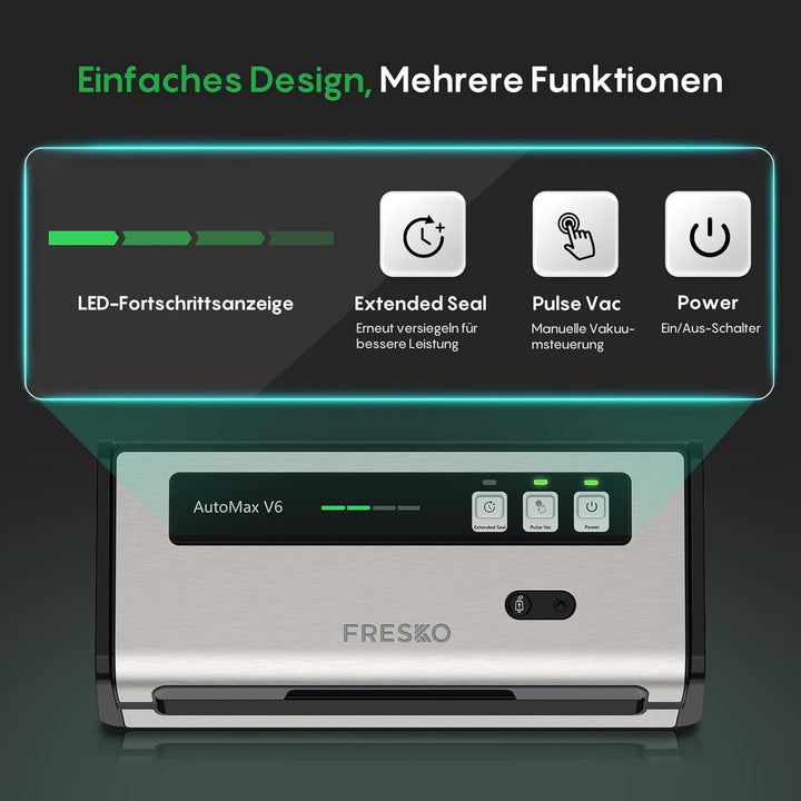 FRESKO Automatische Vakuumiergerät, 140 W Vakuumierer, Doppelte Heisssiegelung, Integrierter Schneid