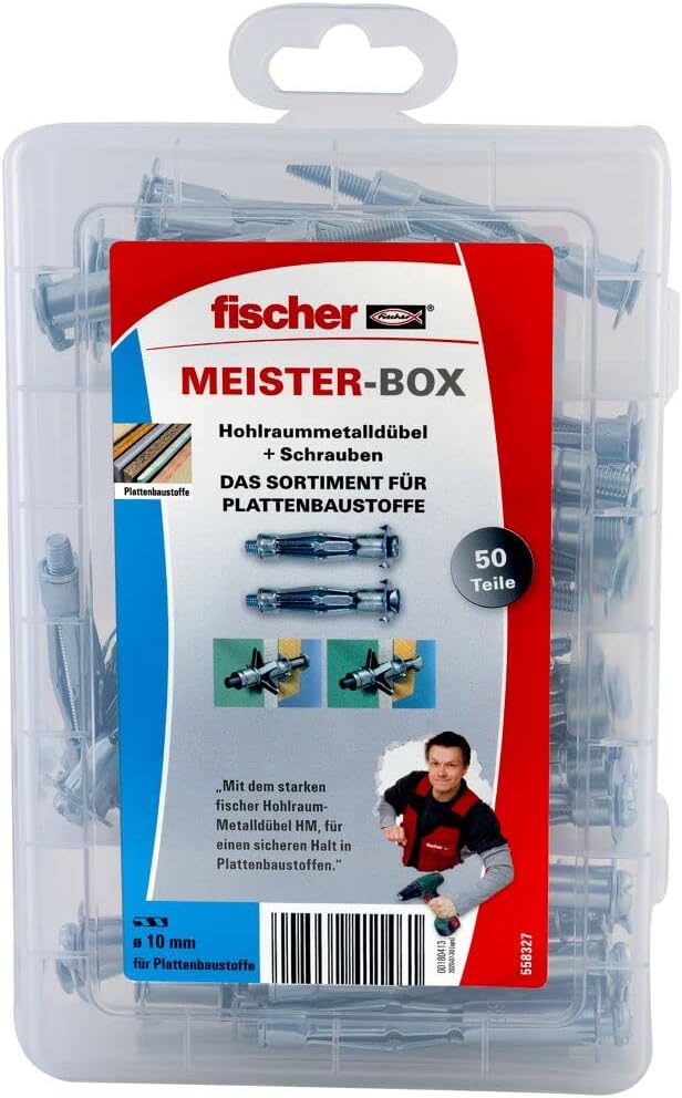 fischer MEISTER-BOX Hohlraumdübel, Sortimentsbox mit 50 Hohlraummetalldübeln und Schrauben, praktisc