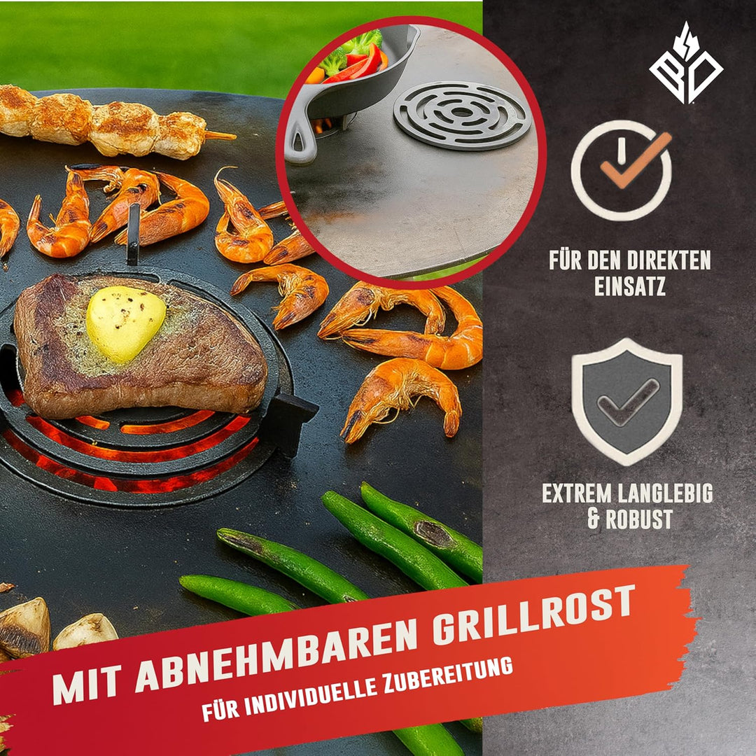 Becker Design Wok- und Pfannenhalterung mit Grillrost für Feuerplatte mit 20cm Feuerloch