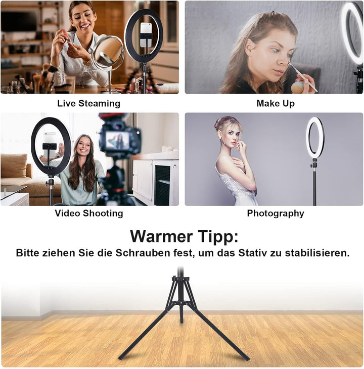 13 Zoll Ringlicht mit Stativ, 1 Tablet-Clip und 2 Handyhalterungen, 3000-6000K,10 Helligkeiten, Musi