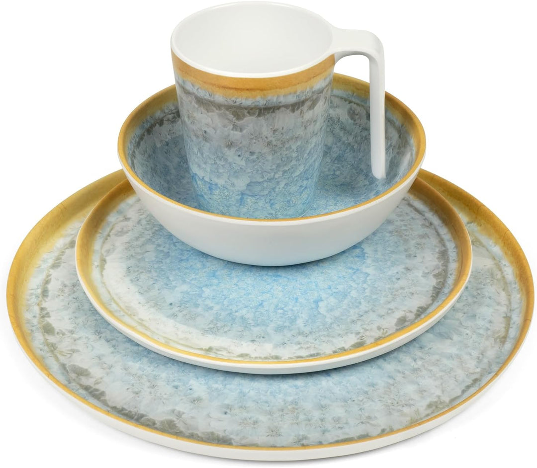 Melamin Camping Geschirr Set 4 Personen Crystal Blue + 4 Timo Weiss Weingläser Tafelgeschirr Picknic
