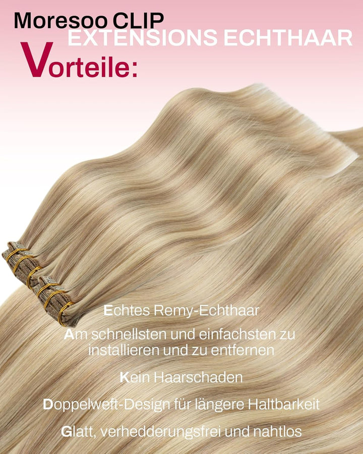 Moresoo Clip in Extensions Echthaar Blond Extensions Clip Echthaar Remy Goldblond mit Mittelblond Ha