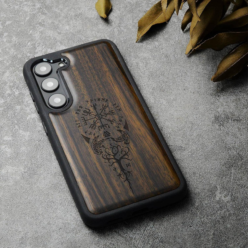 Carveit Handyhülle für Galaxy S23 Case [Holz und TPU Silikon Hybrid hülle] Stossfeste Stossstange ha