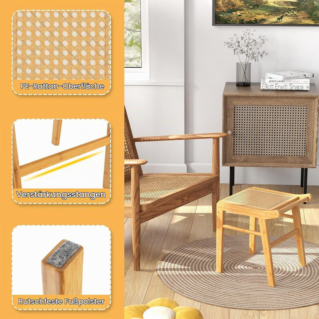 RELAX4LIFE Sitzhocker, Hocker aus Bambus, Schminkhocker mit Rattan-Oberfläche &amp; rutschfeste Füssen,