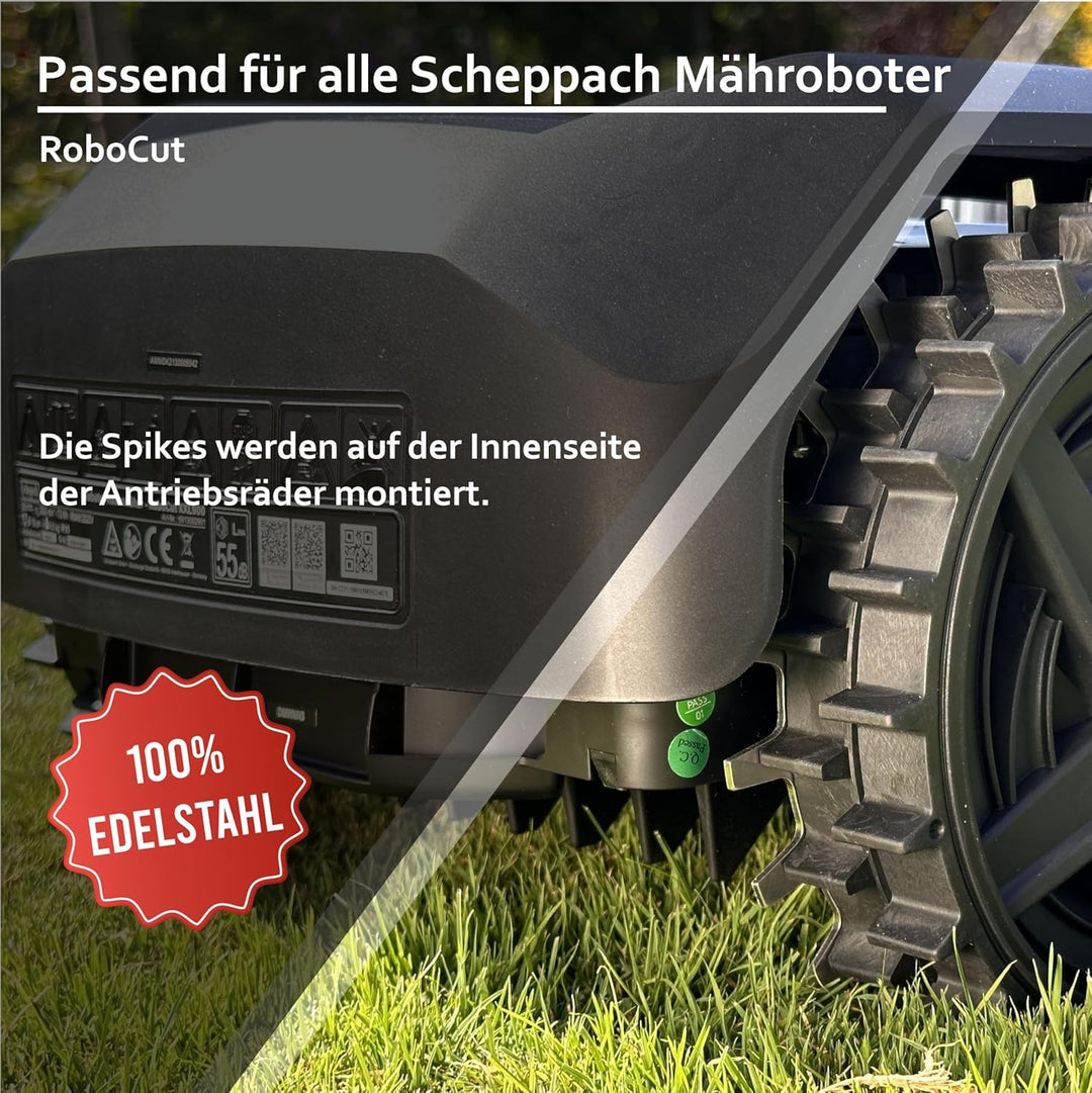 Spikes für Scheppach Mähroboter Robocut Serie – Edelstahl -Gesenkte Schraubenlöcher-Entgratet- 12x E