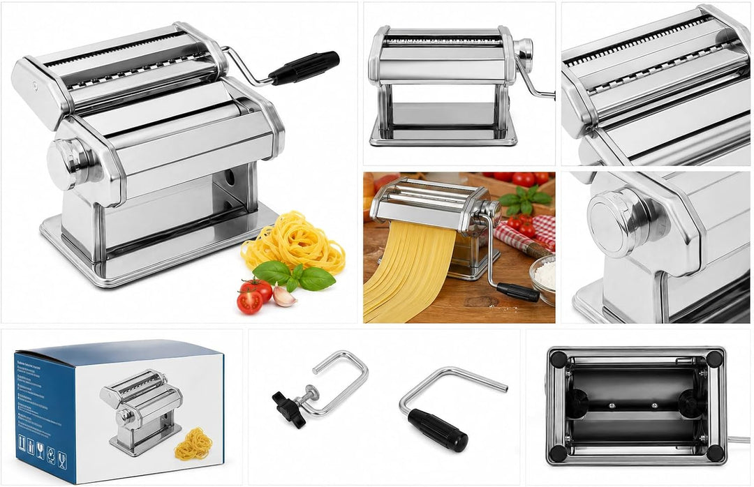Nudelmaschine Pasta Maker Edelstahl mit 7 Einstellbaren Stärkeeinstellungen und 2 Schneidern, Nudelm