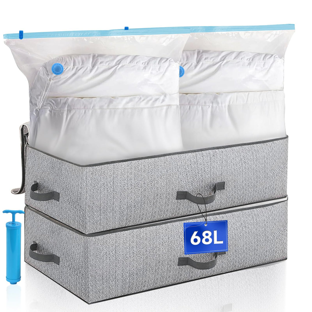 Unterbett Aufbewahrungsbox Set, 2 Stück Unterbettkommode, 2 Vakuumbeutel für Kleidung, Faltbare Unte