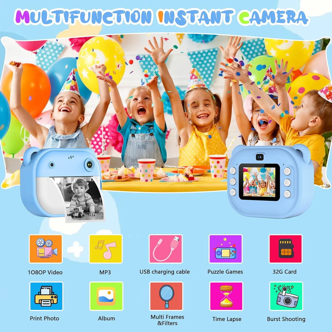 Kinderkamera Sofortbildkamera, Digitalkamera für Kinder mit Druckpapier & 32G TF Karte, mit Farbigen
