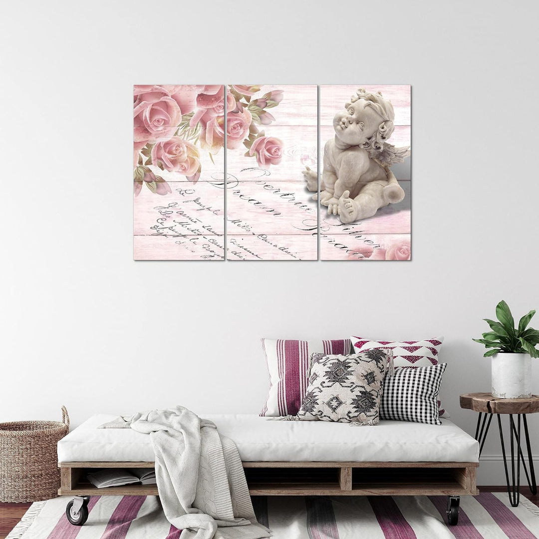 Runa Art Wandbilder Engel Blumen Bild XXL Wohnzimmer Schlafzimmer Rosa Rosen Holz 120 x 80 cm 3 Teil