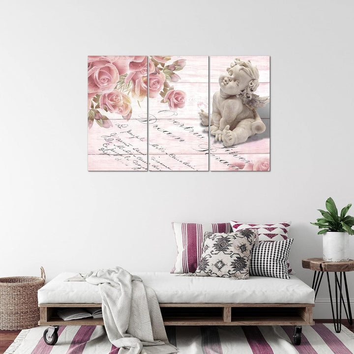 Runa Art Wandbilder Engel Blumen Bild XXL Wohnzimmer Schlafzimmer Rosa Rosen Holz 120 x 80 cm 3 Teil