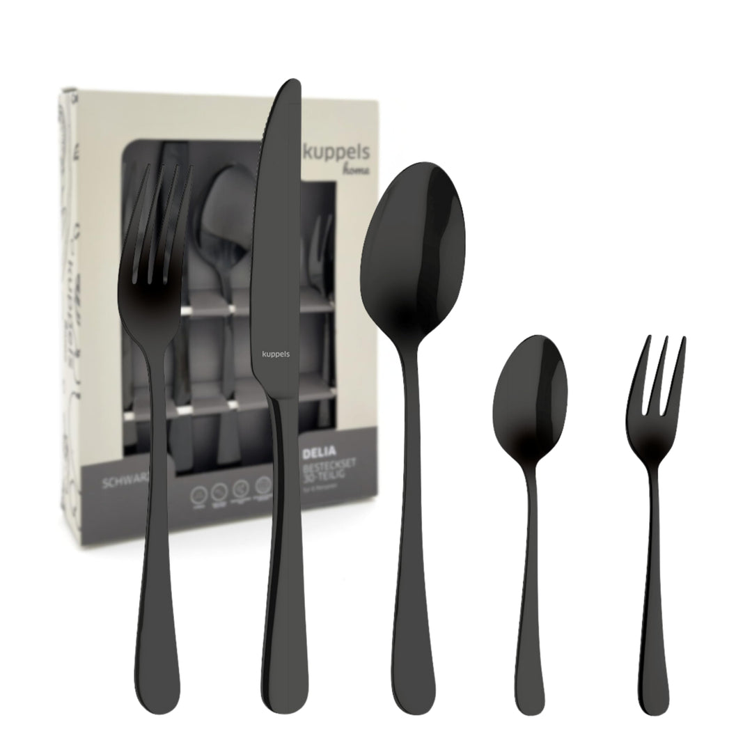 Kuppels Delia Besteck-Set 30-tlg, 6 Personen, PVD Edelstahl, Schwarz | Hochglanzpoliertes Set mit 6