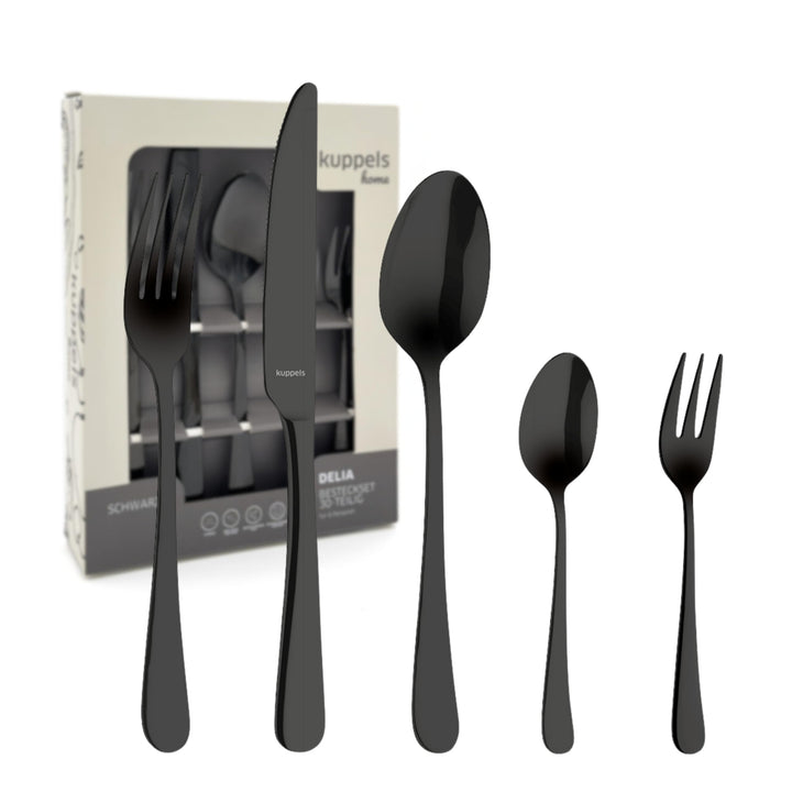 Kuppels Delia Besteck-Set 30-tlg, 6 Personen, PVD Edelstahl, Schwarz | Hochglanzpoliertes Set mit 6