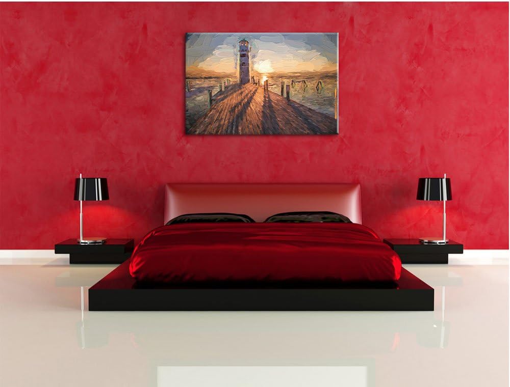 Pixxprint Leuchtturm am Steg als Leinwandbild/Grösse: 100x70 cm/Wandbild/Kunstdruck/fertig bespannt,