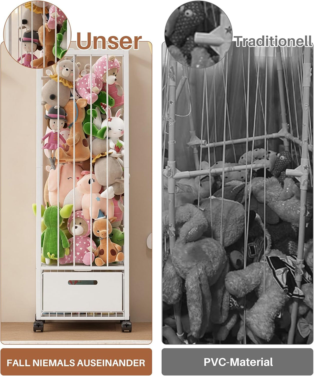 UMDONX Kuscheltier Aufbewahrung mit Schublade, 360° Bremsräder & platzsparend Design, Stofftier Orga