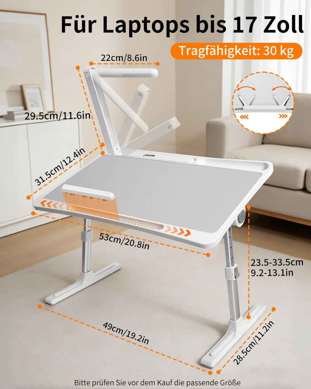 Laptoptisch Betttisch mit LED Lampe,Klappbar Laptop Tisch Höhenverstellbar Lapdesk für Bett Tablettt