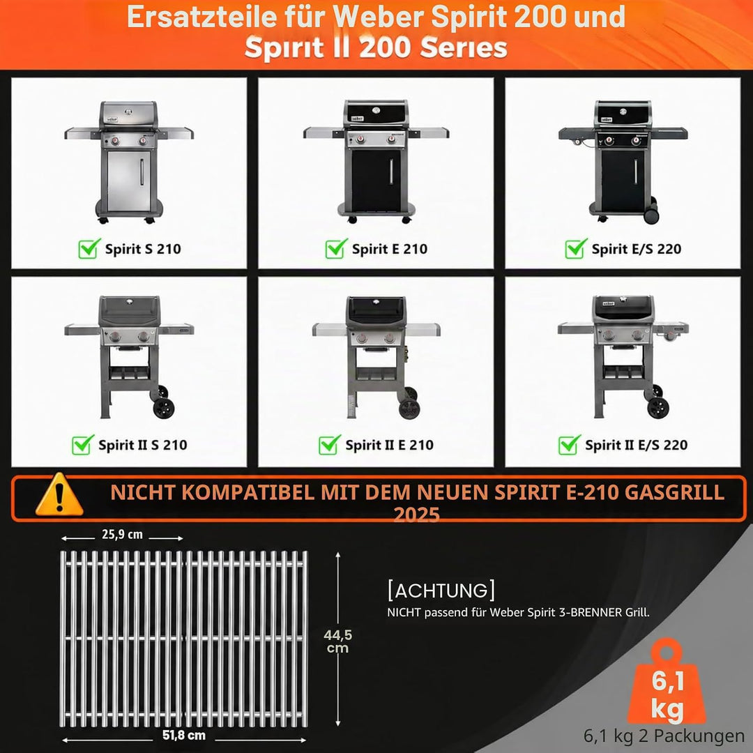 Grillroste Edelstahl für Weber Spirit 200 und Spirit II 200 Serie, 44,5 cm, passend für Spirit E210