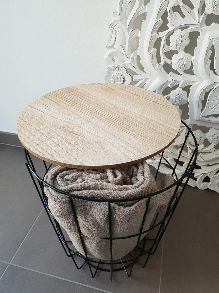 Meinposten Beistelltisch Nachttisch Tisch Korb mit Stauraum Couchtisch Metall Korb schwarz Holz Deck