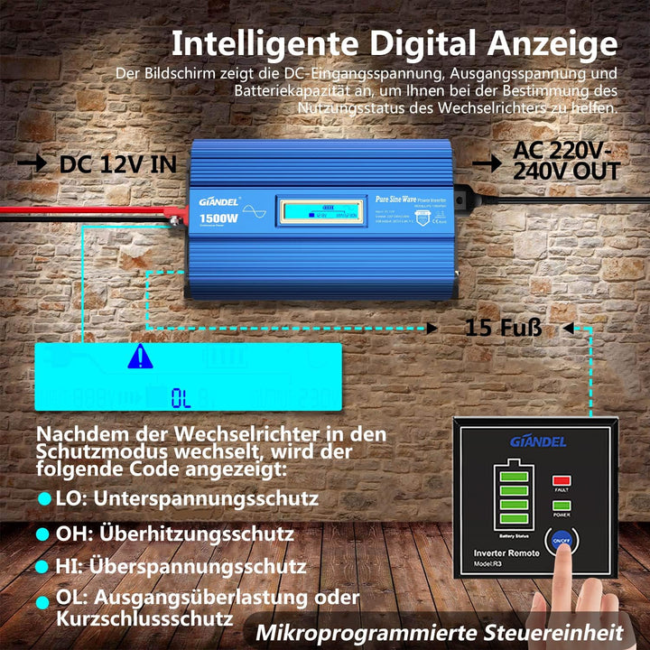 Reiner Sinus Wechselrichter 1500W Spannungswandler 12V auf 230V Power Inverter mit 2 AC-Steckdosen 2