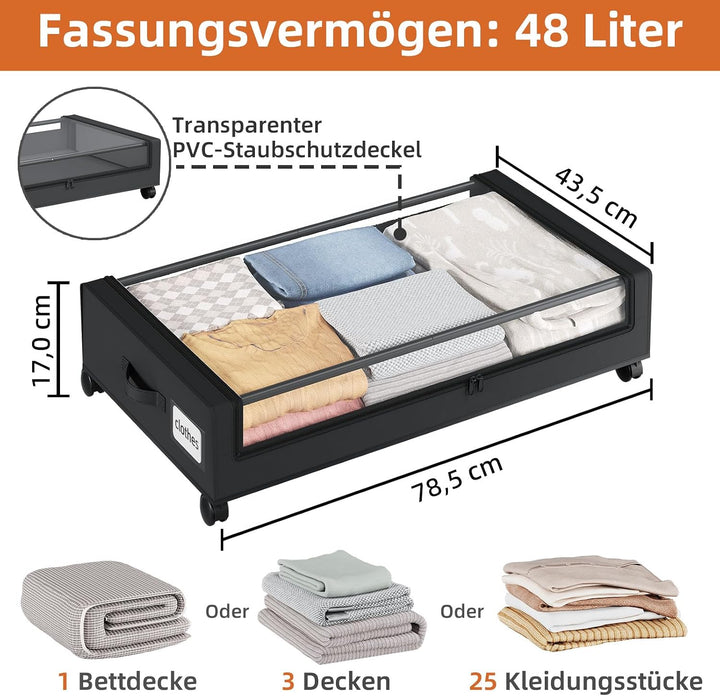 Somdot 4 Stück Schwarz 48L Unterbett Aufbewahrungsbox mit Deckel, Unterbettkommode mit Rollen, Aufbe