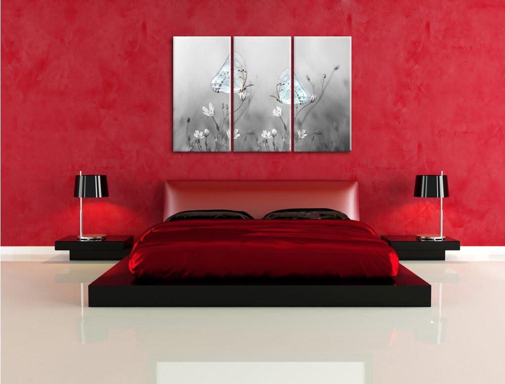 Pixxprint Schmetterling auf kleinen Blumen als Leinwandbild/Grösse: 3 Teilig (120x80 cm) cm/Wandbild