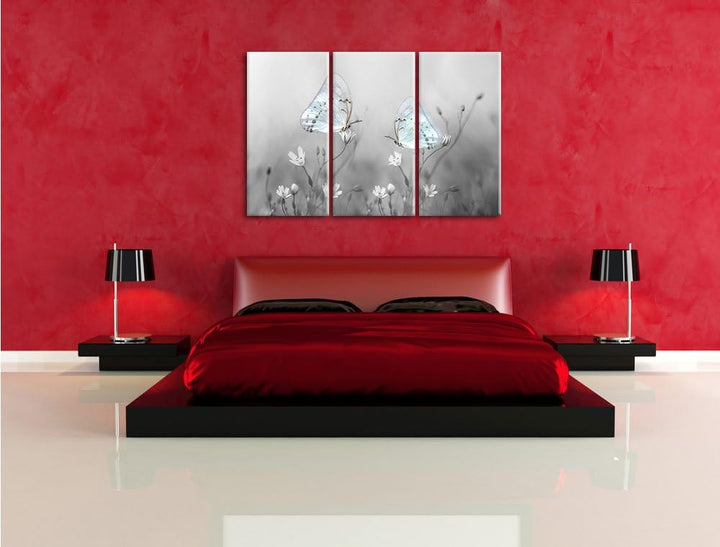 Pixxprint Schmetterling auf kleinen Blumen als Leinwandbild/Grösse: 3 Teilig (120x80 cm) cm/Wandbild