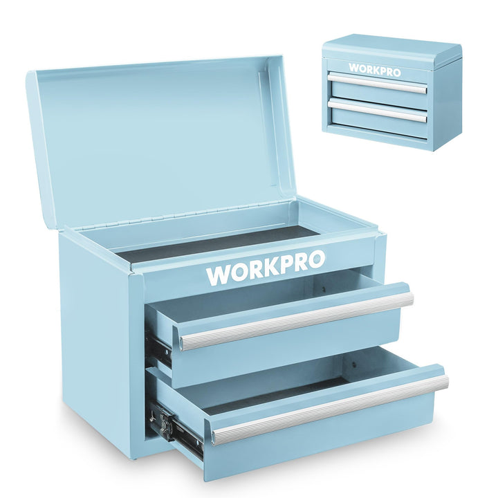 WORKPRO Metall Schubladenbox mit 2 Schubladen & Oberer Stauraum Hellblau, 27,5x15x20,8cm Tisch Organ
